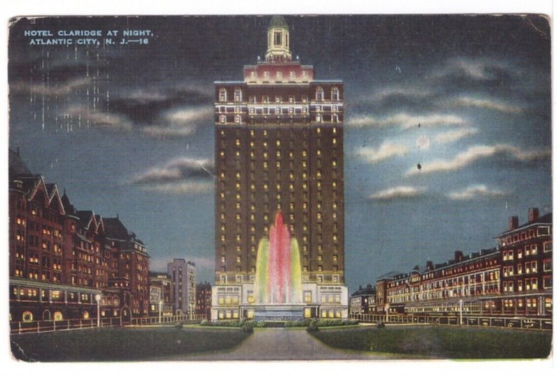 Hotel Claridge, Atlantic City, New Jersey, Night View, Vintage Linen Postcard