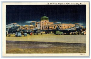 Kansas City Missouri MO Postcard Municipal Airport Night Airplane 1940 Vintage