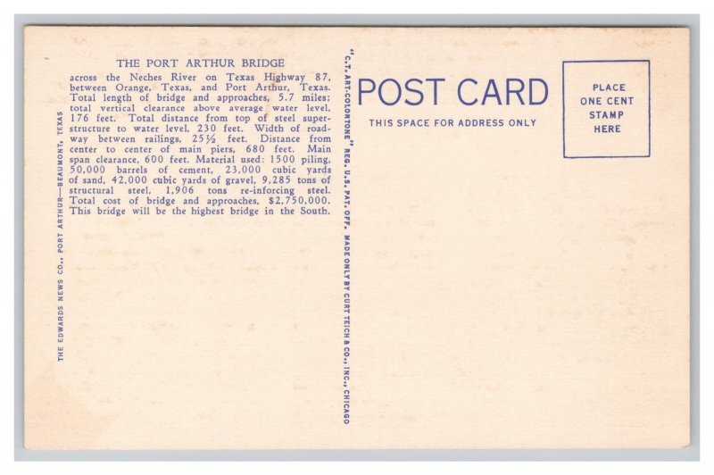 Between Orange & Port Arthur Texas Port Arthur Bridge (Neches River) Postcard