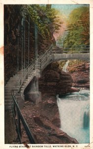 Vintage Postcard 1930's Flying Stairs Scenic Rainbow Falls Watkins Glen New York