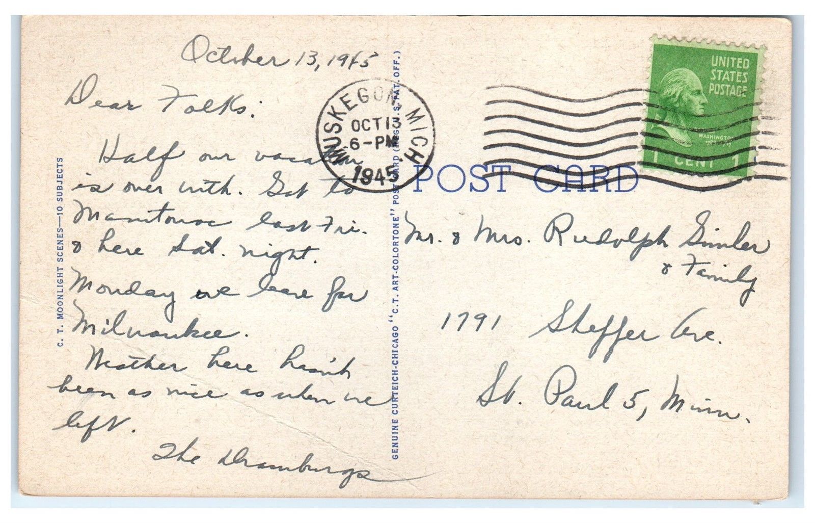 1945 Greetings from Muskegon, MI Peaceful Night Postcard | United ...