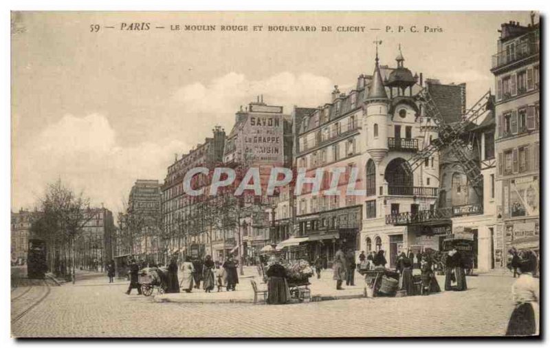 Old Postcard Paris Moulin Rouge and Boulevard De Clichy Marche