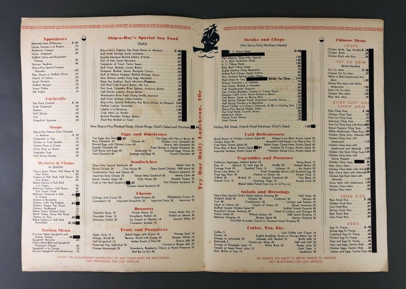 Ship Ahoy Yacht Cafe Restaurant Menu Luckie St Atlanta GA 1940s Georgia Seafood