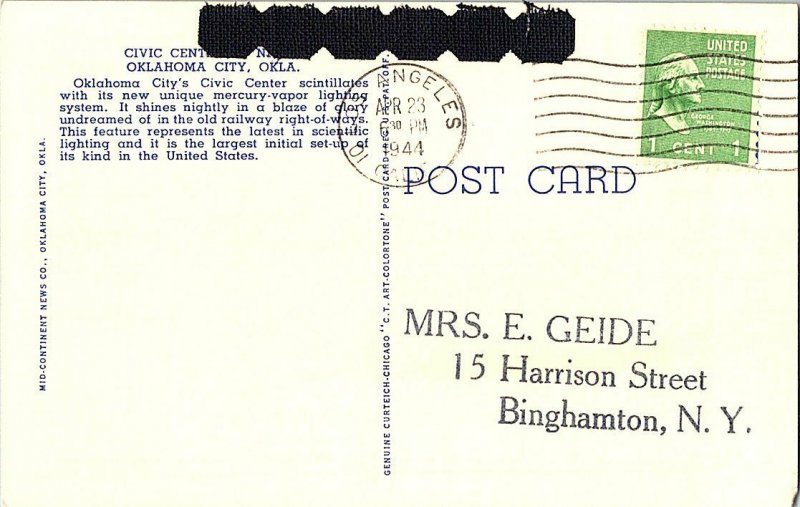 Civic Center by Night Oklahoma City Okla. Vintage Postcard Standard View Card