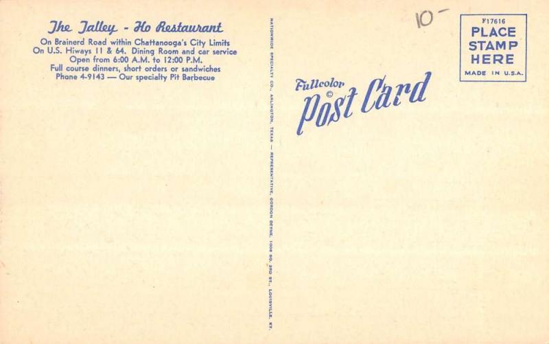 Chattanooga Tennessee The Talley Ho Restaurant Linen Antique Postcard K21001