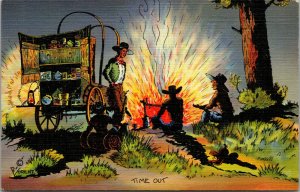 Vintage 1940s Comic Postcard Cowboys Sitting Around the Fire Time Out Unused