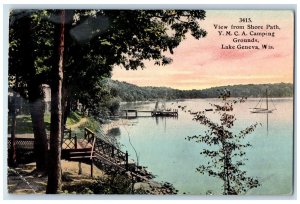 1913 View Shore Path YMCA Camping Grounds Lake Geneva Wisconsin Vintage Postcard