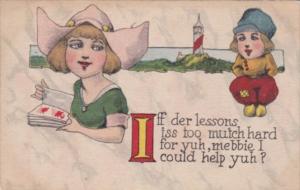 Dutch KIds Girl With Cards Helping Boy Learn 1915