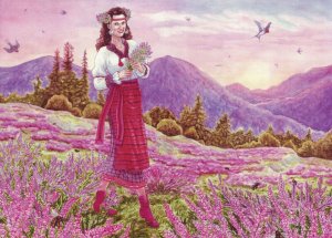 Russian ETHNIC Woman Field Heather Birds Wreath Slavic Paganism Modern postcard