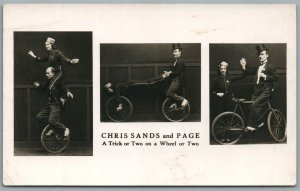 BICYCLE CIRCUS CHRIS SANDS & PAGE CYCLISTS ANTIQUE REAL PHOTO POSTCARD RPPC