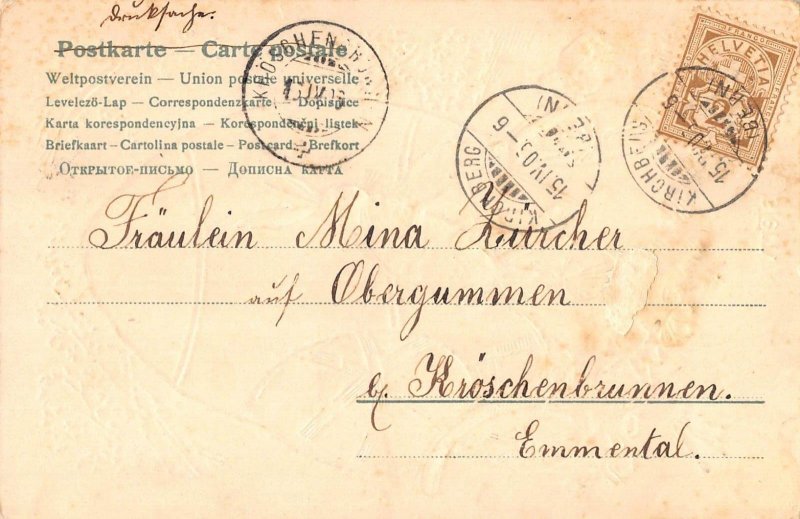 L302 Easter Greetings 1905 Humanized Rabbit riding bicycle Egg embossed postcard