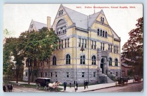 Grand Rapids Michigan Postcard Police Headquarters Building Horse Carriage 1910