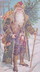 c1908 Santa Claus Green Robe Gilt Antique Vintage Christmas Postcard Germany