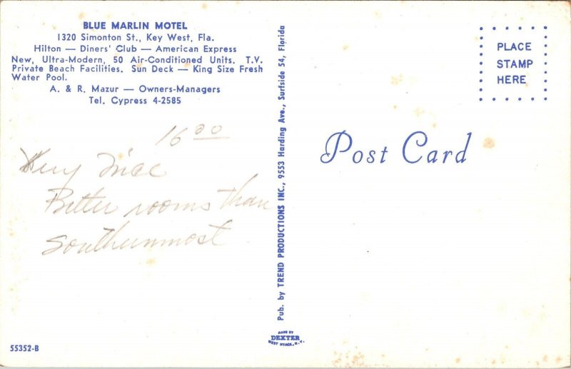 Blue Marlin Motel Key West FL Postcard PC106