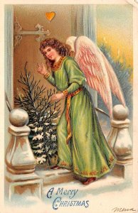 A Merry  Christmas Angel W/ Christmas Tree, Embossed, Vintage Postcard U9188