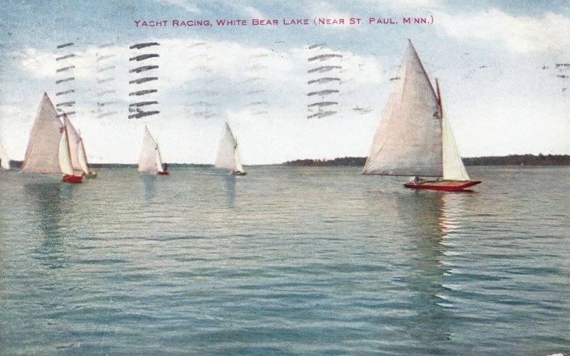 St. Paul Minnesota, 1909 Yacht Racing White Bear Lake Sailboats Vintage Postcard