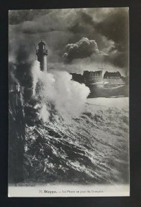 Mint Vintage France Dieppe Lighthouse On Stormy Day Illustrated Postcard