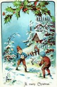 Circa 1910 Victorian Boys Having Snowball Fight Merry Christmas Postcard P1