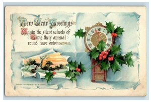 c. 1910 New Years Clock Holly Horwitz Dresden Postcard P42