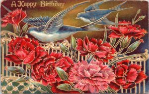 Postcard A Happy Birthday - Blue Jays and Carnations embossed
