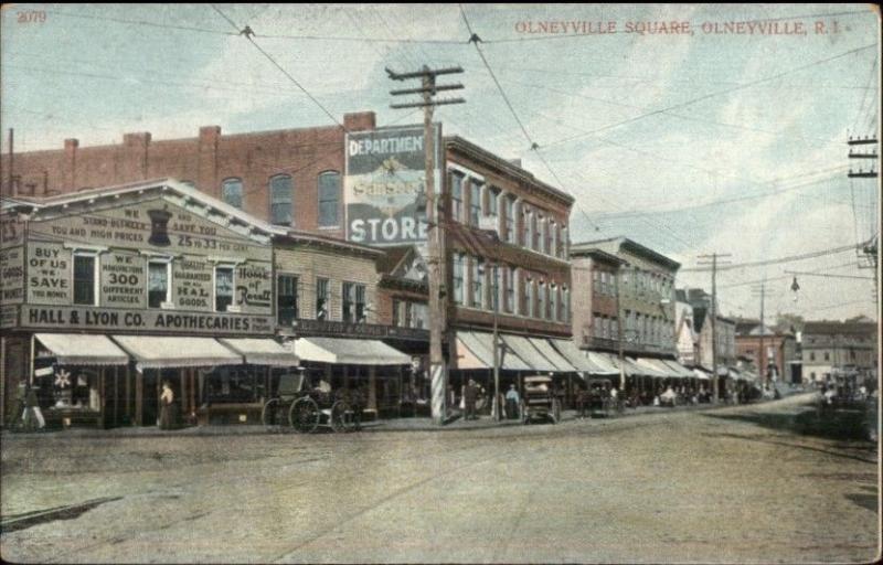 Olneyville RI Square Street Scene Visible Store Signs c1910 Postcard