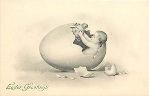 EASTER-FANTASY-ARTIST SIGNED-CHILD HATCHING FROM EGG-BABY...