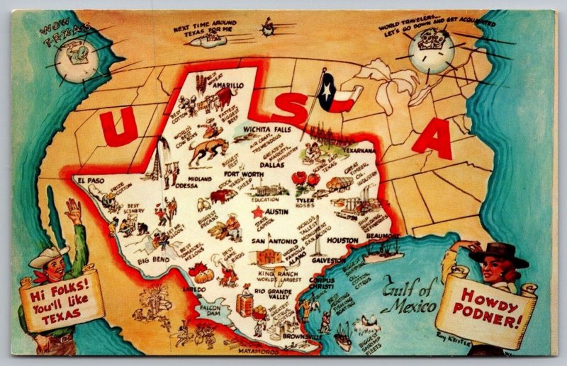 Texas State Map TX Howdy Postcard UNP VTG Dexter Unused Vintage Chrome 