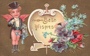 Vintage Postcard Best Wishes Little Angel Flowers Greetings Remembrance Card 