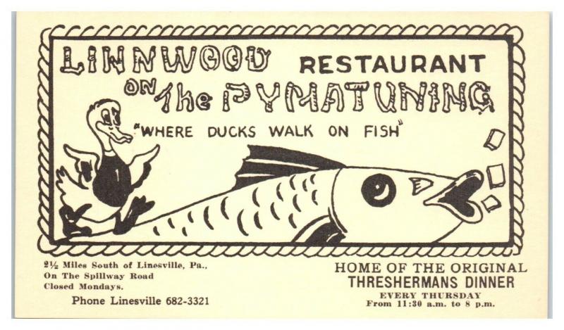 Linwood Restaurant on the Pymatuning, Linesville, PA Postcard *4X