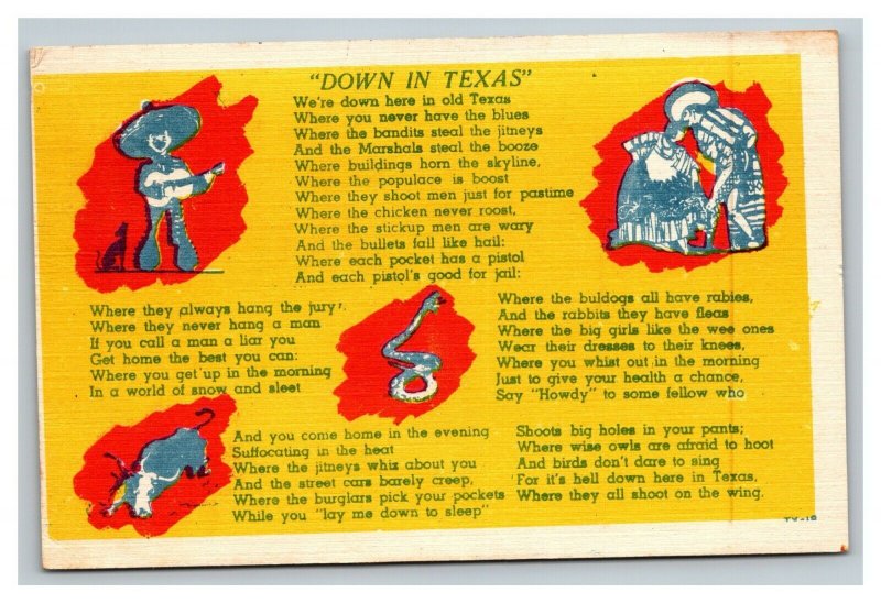 Vintage 1943 Comic Postcard Down In Texas Song Lyrics and Scenes Rare Stamp Other / Unsorted