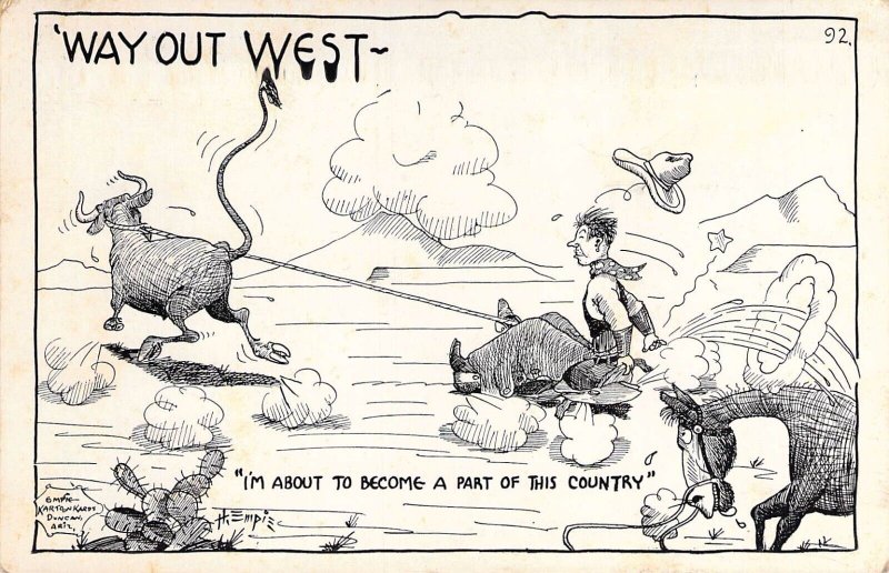 Hal Empie, Humor, Way out West,..About to become ..., Duncan AZ,Old Post Card