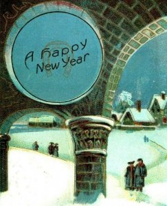 c1910s Happy New Year Postcard, Winter Snow Architecture Horseshoe Pillar A196