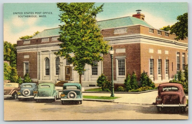 Southbridge Massachusetts~US Post Office~1940s Cars~Colourpicture Linen Postcard 