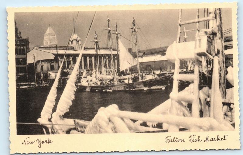 New York City Fulton Fish Market Boats NYC Vintage Arthur Jaffe Postcard C21