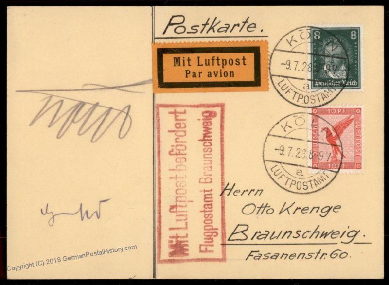Germany 1928 Koehl von Hunefeld Autograph 1st Transatlantic Flight Blue Ma 78013