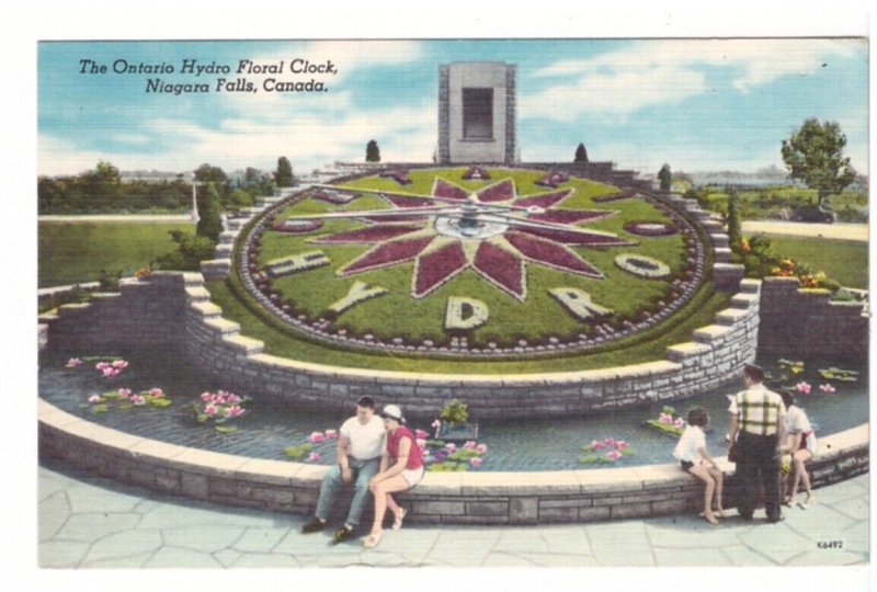 Ontario Hydro Floral Clock, Niagara Falls, Ontario, Vintage 1953 Linen Postcard