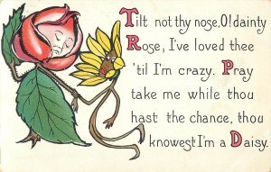 Tuck Postcard Flowers With Human Faces Romance Anthropomorphic Rose and Daisy