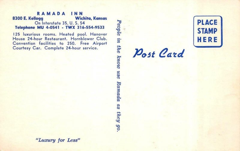 WICHITA, KS Kansas  RAMADA INN MOTEL  Roadside  c1950's Artist's View Postcard