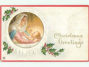 Pre-Linen christmas religious NATIVITY - MARY HOLDS BABY JESUS k1515