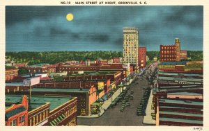 Vintage Postcard 1930's Main Street At Night Greenville South Carolina S.C.