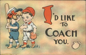 Baseball Romance Little Boy Wants to Coach Little Girl Comic Vintage Postcard