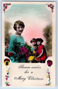 Italy Postcard RPPC Photo Christmas Mother And Children With Flowers c1910's