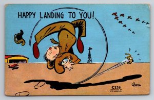 Happy Landing to You Army, WWII Era Unused Vintage Linen Comic Postcard