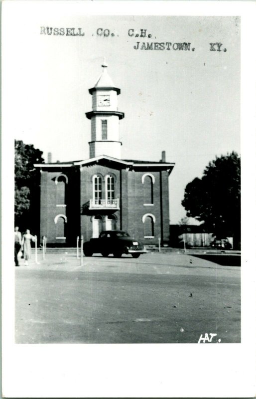 Vtg 1950s Kodak RPPC Russell County Court House Jamestown KY Street View w Cars