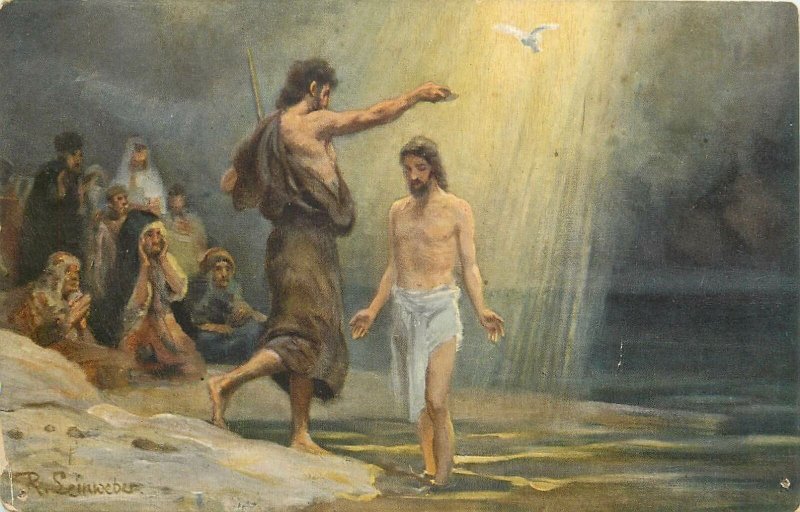 Artist Leinweber Holy Bible scene Jesus's Baptism Postcard