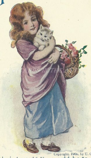 Victorian Girl with Cat / Kitten and Roses in Basket Verse Longfellow