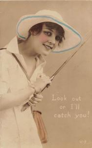 D79/ Sports Postcard c1910 Fishing Angler Woman Real Photo RPPC Beautiful