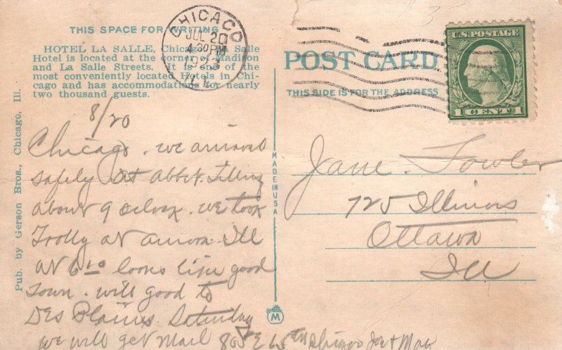 Vintage Postcard 1923 Hotel La Salle Building Chicago Illinois Gerson Bros. Pub.