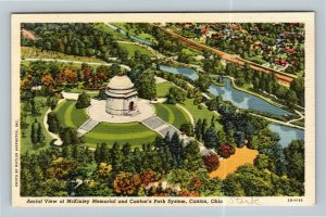 Canton OH, Aerial View Of McKinley Memorial, Park System, Linen Ohio Postcard 