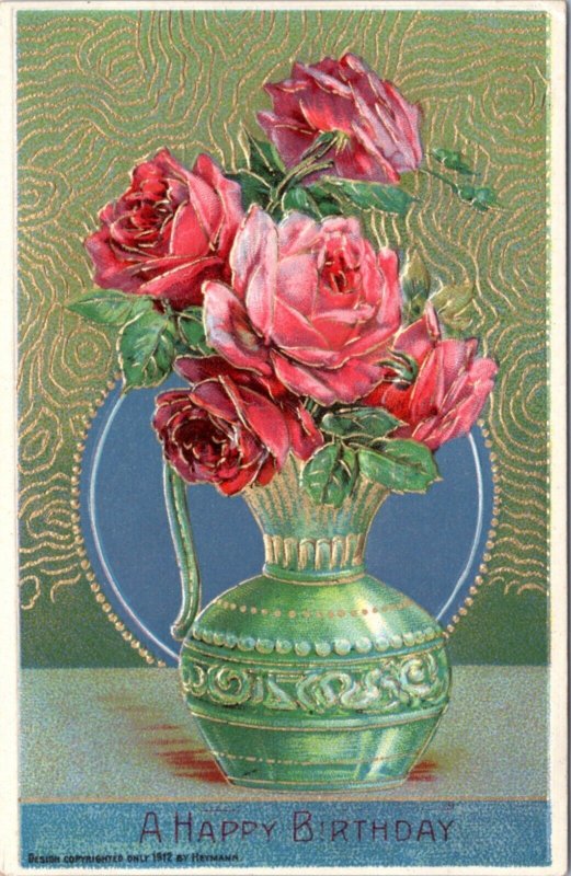 Postcard A Happy Birthday emboses vase roses Heymann 1912 Samson Brothers 7109